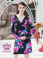 画像1: [ XS-Lサイズ / 1カラー][ERUKEI]ロングスリーブ・カシュクール・プリント・ミニドレス・ワンピース[送料無料] (1)