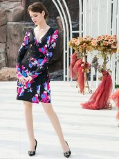 画像8: [ XS-Lサイズ / 1カラー][ERUKEI]ロングスリーブ・カシュクール・プリント・ミニドレス・ワンピース[送料無料] (8)