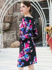 画像2: [ XS-Lサイズ / 1カラー][ERUKEI]ロングスリーブ・カシュクール・プリント・ミニドレス・ワンピース[送料無料] (2)