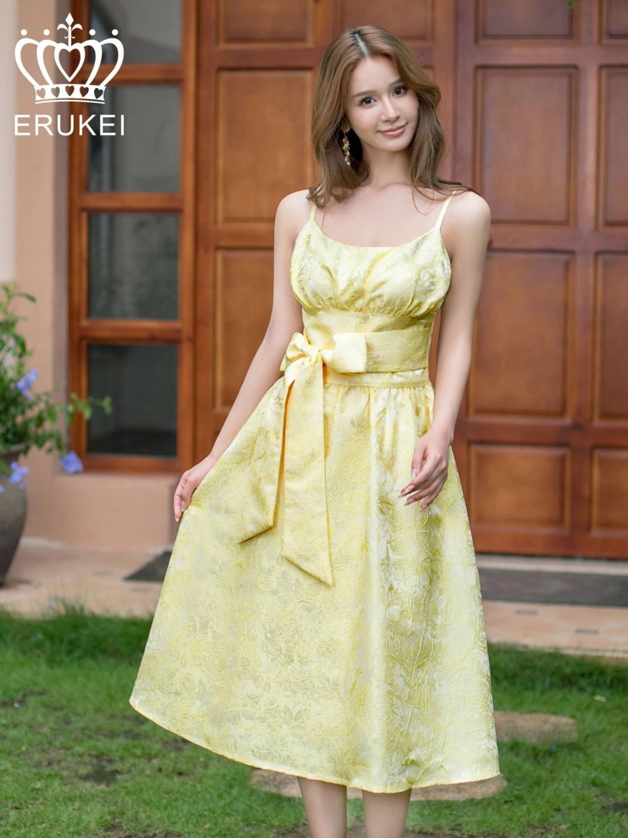 画像1: [ XS-Lサイズ / 1カラー ][ERUKEI]イエロー・ジャガード・Aライン・フレア・リボン・キャミソール・ミディアムドレス・ワンピース[送料無料] (1)