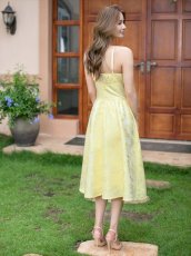 画像3: [ XS-Lサイズ / 1カラー ][ERUKEI]イエロー・ジャガード・Aライン・フレア・リボン・キャミソール・ミディアムドレス・ワンピース[送料無料] (3)