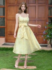 画像5: [ XS-Lサイズ / 1カラー ][ERUKEI]イエロー・ジャガード・Aライン・フレア・リボン・キャミソール・ミディアムドレス・ワンピース[送料無料] (5)