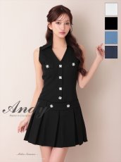 画像1: [Andy/an][Andy]ワンカラー・ビジューボタン・襟付き・ノースリーブ・Vネック・ボックスプリーツ・フレア・ミニドレス《送料＆代引き手数料無料》 (1)