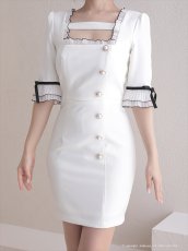 画像9: [Andy/an]五分袖・ミニ・白黒・フリル・リボン・飾りボタン・パフスリーブ・タイト・ミニドレス・ワンピース《送料＆代引き手数料無料》 (9)