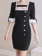 画像10: [Andy/an]五分袖・ミニ・白黒・フリル・リボン・飾りボタン・パフスリーブ・タイト・ミニドレス・ワンピース《送料＆代引き手数料無料》 (10)