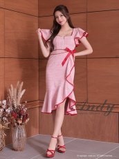 画像1: [SALE品のため返品不可＆再入荷なしの現品限り][Andy/an][Andy]チェーンベルト フリル 半袖 フロントジップ アシンメトリー 膝丈 ミディアムドレス ワンピース《送料＆代引き手数料無料》 (1)