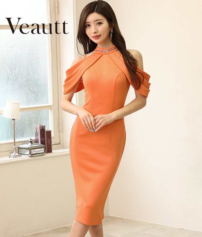 Veautt (ヴュート) オレンジドレス オレンジハイネックビジューミディ - カラードレス