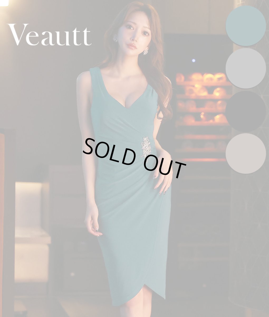 画像1: [Veautt]ビジュー・ノースリーブ・ウエストタック・Vネック・タイト・ミディアムドレス・ワンピース《送料＆代引き手数料無料》 (1)
