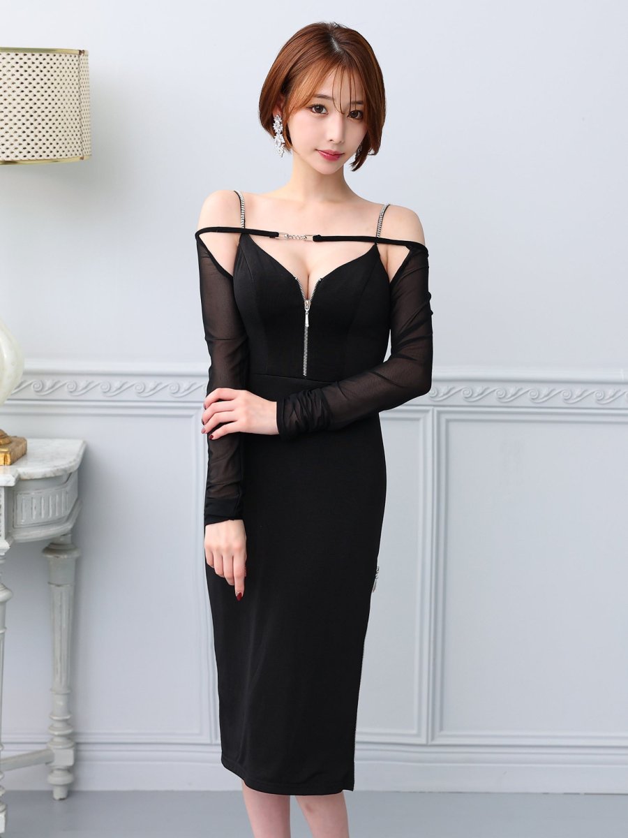 画像4: [Veautt]長袖・デコルテストラップ・オープンショルダー・ビジュー・ファスナー・タイト・ミディアムドレス《送料＆代引き手数料無料》 (4)