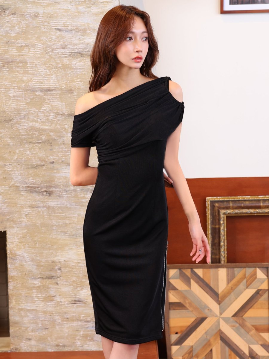 画像4: [Veautt]2Way・長袖・ワンショルダー・アシンメトリー・ファスナー・タイト・ミディアムドレス・ワンピース《送料＆代引き手数料無料》 (4)