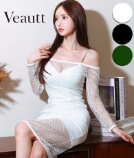 画像1: [Veautt]メッシュン・ロングスリーブ・ビジュー・ミディアム・タイトドレス《送料＆代引き手数料無料》 (1)