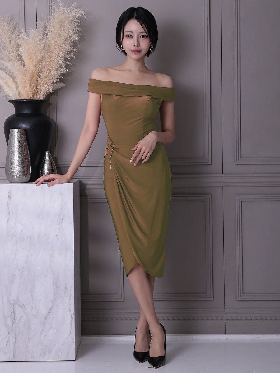 画像2: [Veautt]オフショルダー・2way・ウエストチャーム・タイト・ミディアムドレス《送料＆代引き手数料無料》 (2)