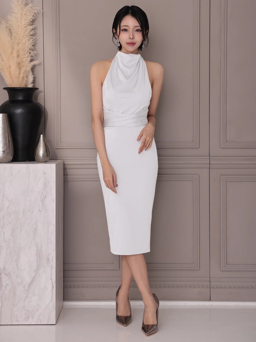 画像2: [Veautt]ハイネック・バックオープン・リボン・ウエストマーク・タイト・ミディアムドレス《送料＆代引き手数料無料》 (2)
