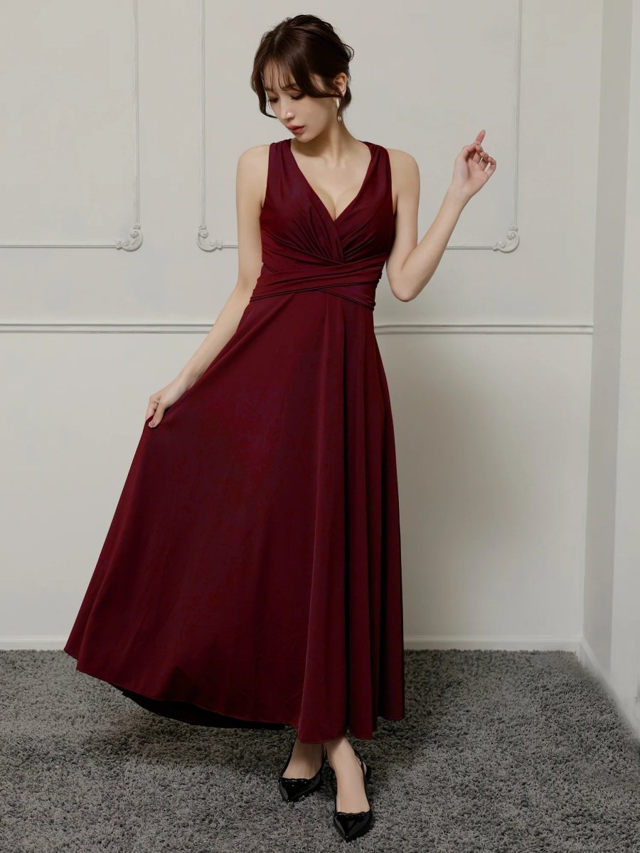 画像2: [Veautt]Vカット・ウエストクロス・バックオープン・リボン・フレアロングドレス《送料＆代引き手数料無料》 (2)