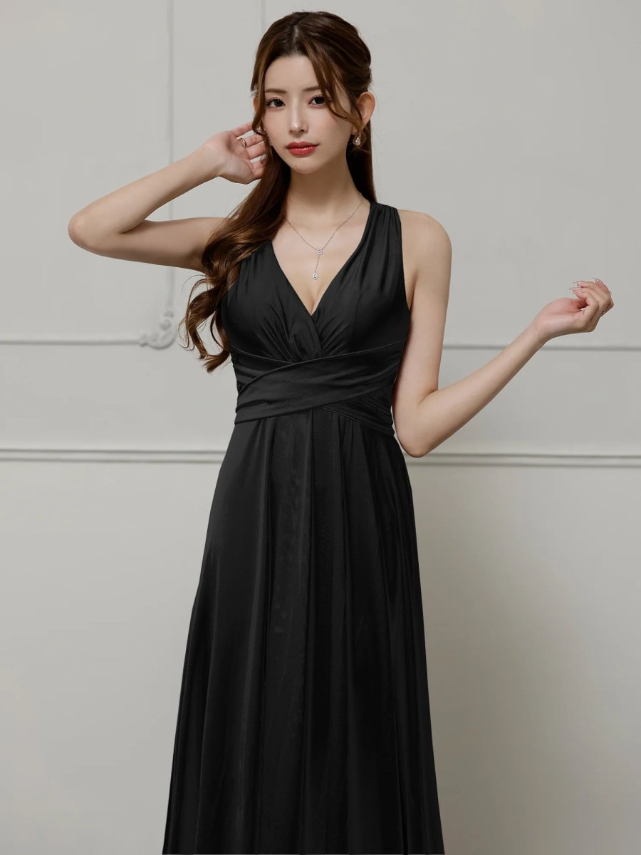 画像3: [Veautt]Vカット・ウエストクロス・バックオープン・リボン・フレアロングドレス《送料＆代引き手数料無料》 (3)