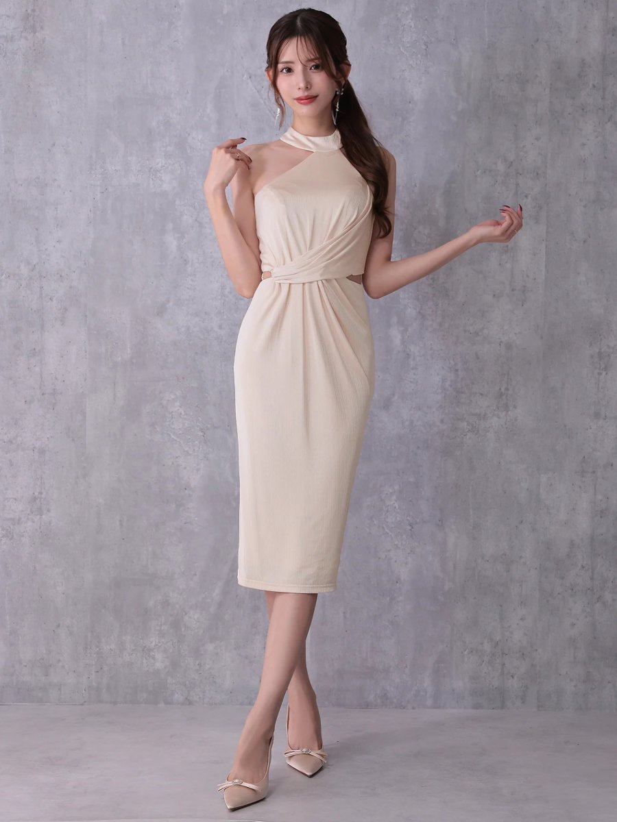 画像3: [Veautt]アシンメトリーホルターネック・ウエストクロスデザイン・サイドカット・タイト・ミディアムドレス《送料＆代引き手数料無料》 (3)