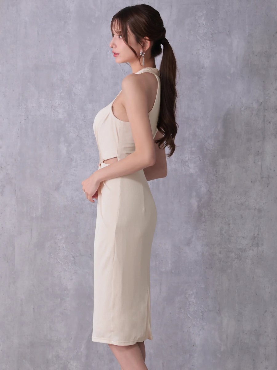 画像5: [Veautt]アシンメトリーホルターネック・ウエストクロスデザイン・サイドカット・タイト・ミディアムドレス《送料＆代引き手数料無料》 (5)