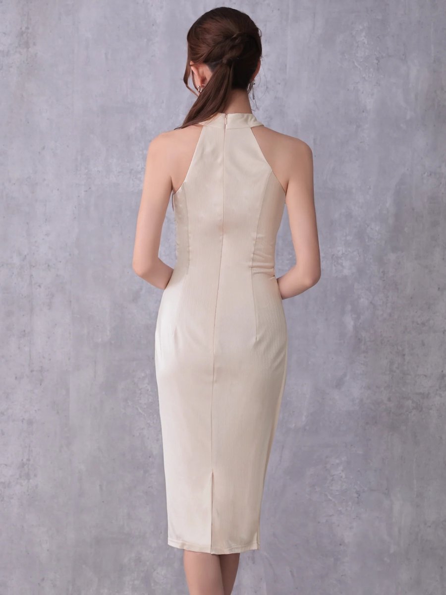 画像6: [Veautt]アシンメトリーホルターネック・ウエストクロスデザイン・サイドカット・タイト・ミディアムドレス《送料＆代引き手数料無料》 (6)