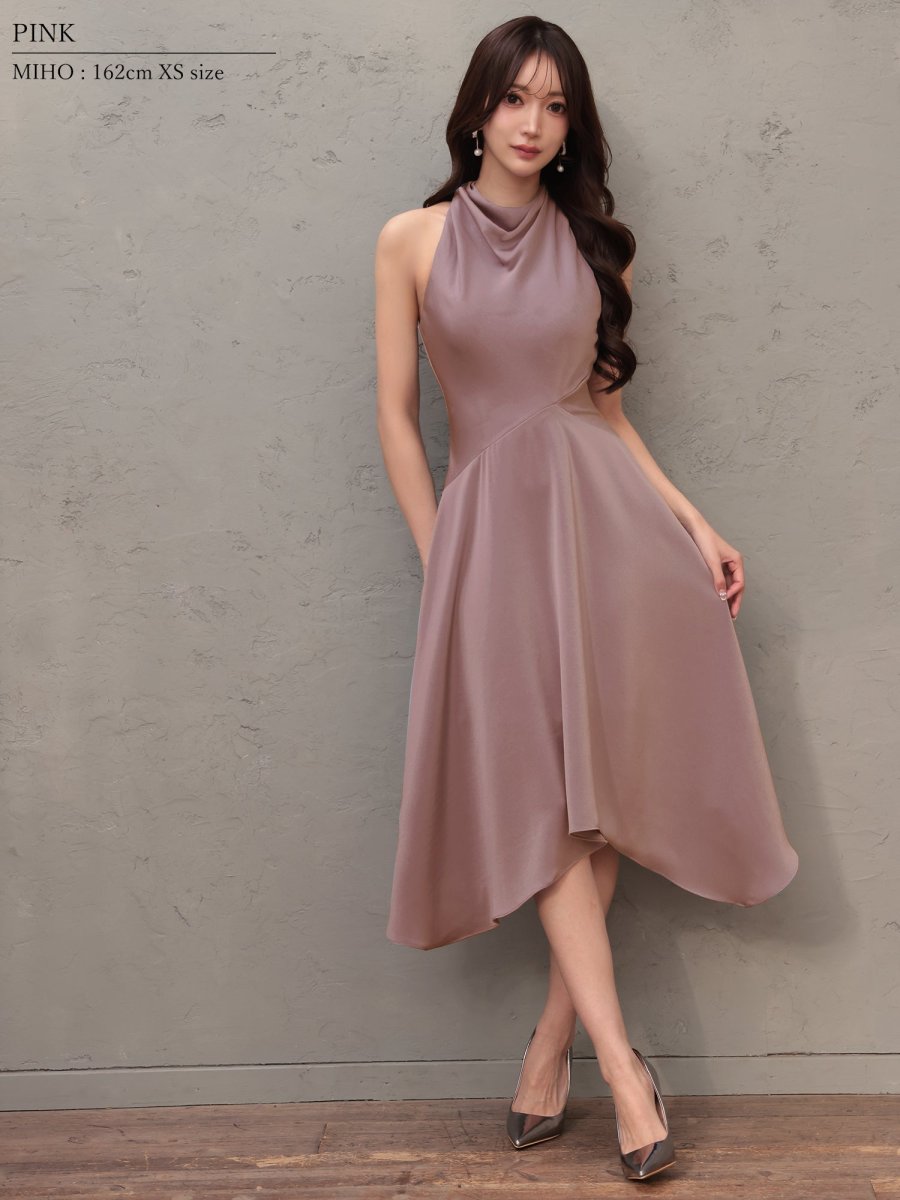 画像2: [ XS-Mサイズ / 4カラー ][Veautt]ネックデザイン・アシンメトリー・フレア・ミディアムドレス《送料＆代引き手数料無料》 (2)