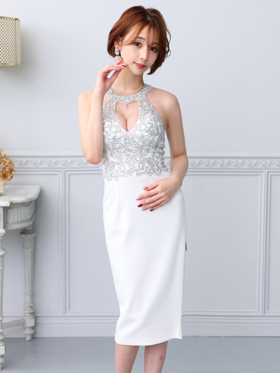 画像2: [Veautt]ホルターネック・フラワー刺繡・ネックビジュー・Vカット・サイドファスナー・タイト・ミディアムドレス・ワンピース《送料＆代引き手数料無料》 (2)