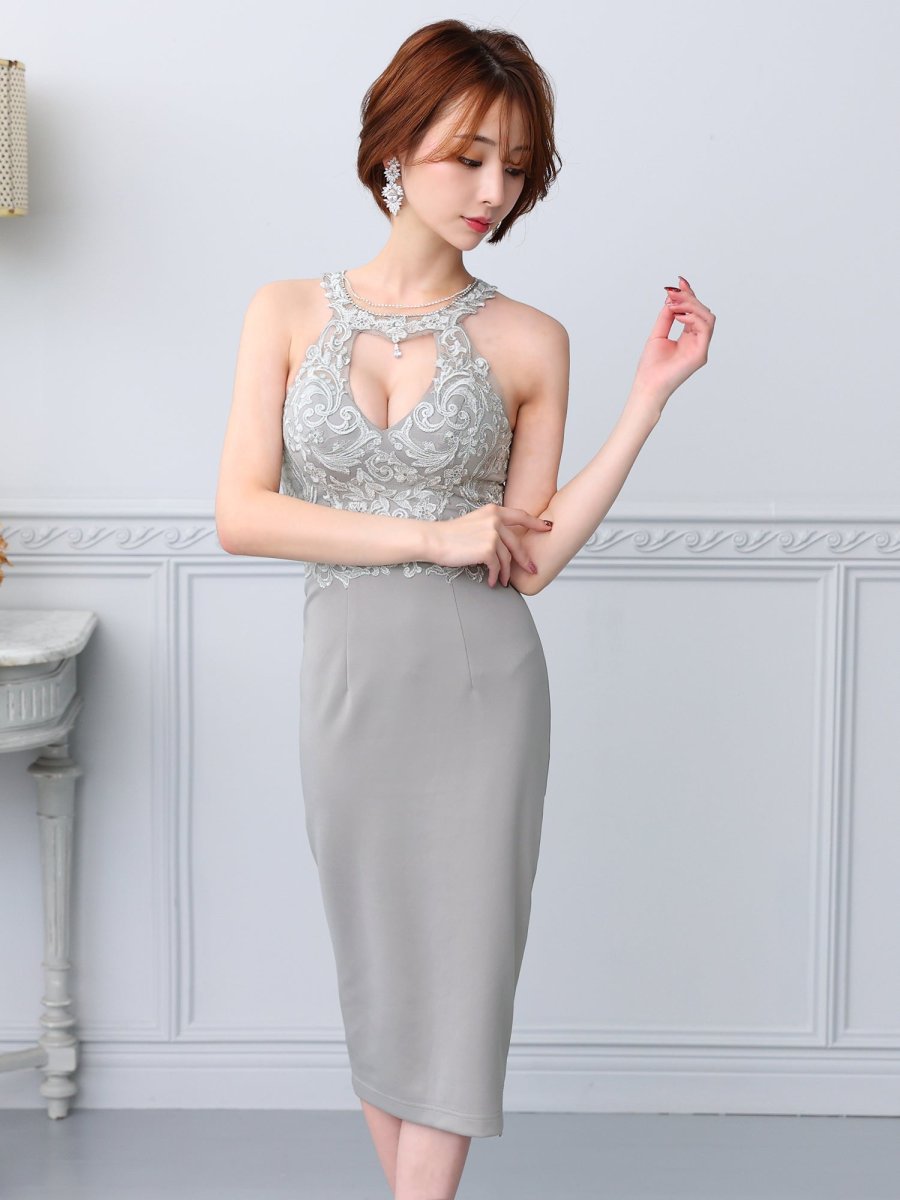 画像3: [Veautt]ホルターネック・フラワー刺繡・ネックビジュー・Vカット・サイドファスナー・タイト・ミディアムドレス・ワンピース《送料＆代引き手数料無料》 (3)