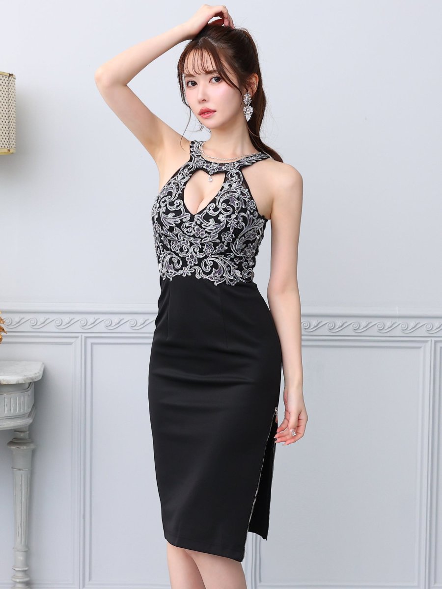 画像4: [Veautt]ホルターネック・フラワー刺繡・ネックビジュー・Vカット・サイドファスナー・タイト・ミディアムドレス・ワンピース《送料＆代引き手数料無料》 (4)