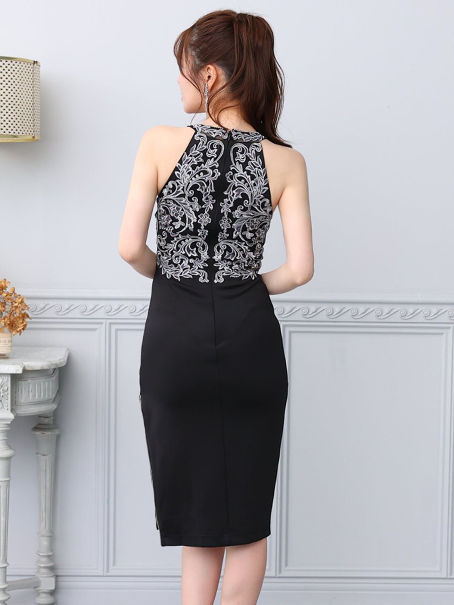 画像6: [Veautt]ホルターネック・フラワー刺繡・ネックビジュー・Vカット・サイドファスナー・タイト・ミディアムドレス・ワンピース《送料＆代引き手数料無料》 (6)