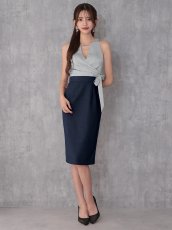 画像3: [Veautt]ウエストクロス・バストタック・リボン・バイカラー・チェーン・サイドファスナー・タイト・ミディアムドレス《送料＆代引き手数料無料》 (3)