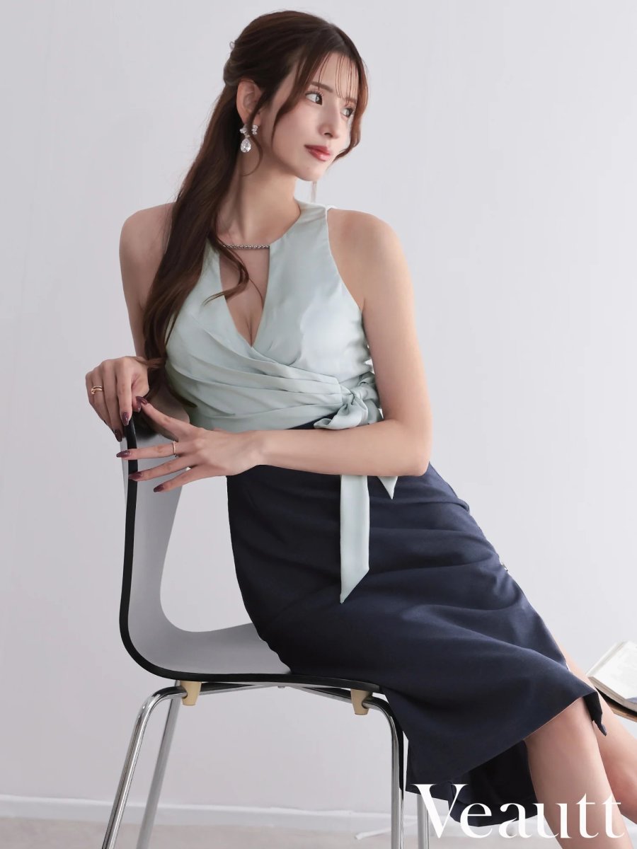 画像4: [Veautt]ウエストクロス・バストタック・リボン・バイカラー・チェーン・サイドファスナー・タイト・ミディアムドレス《送料＆代引き手数料無料》 (4)