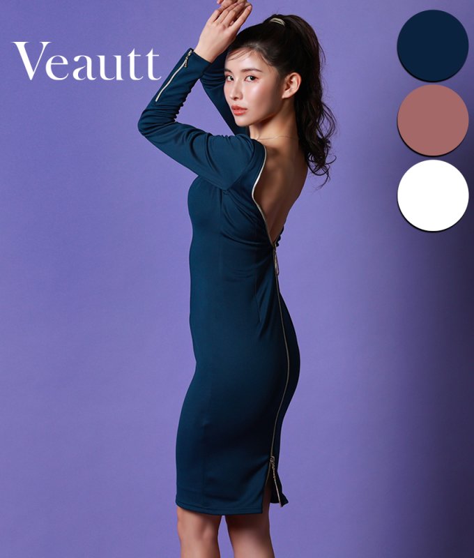 Veautt]長袖・Vネック・ジップ背中開き・ストレッチ・タイト・ミニ