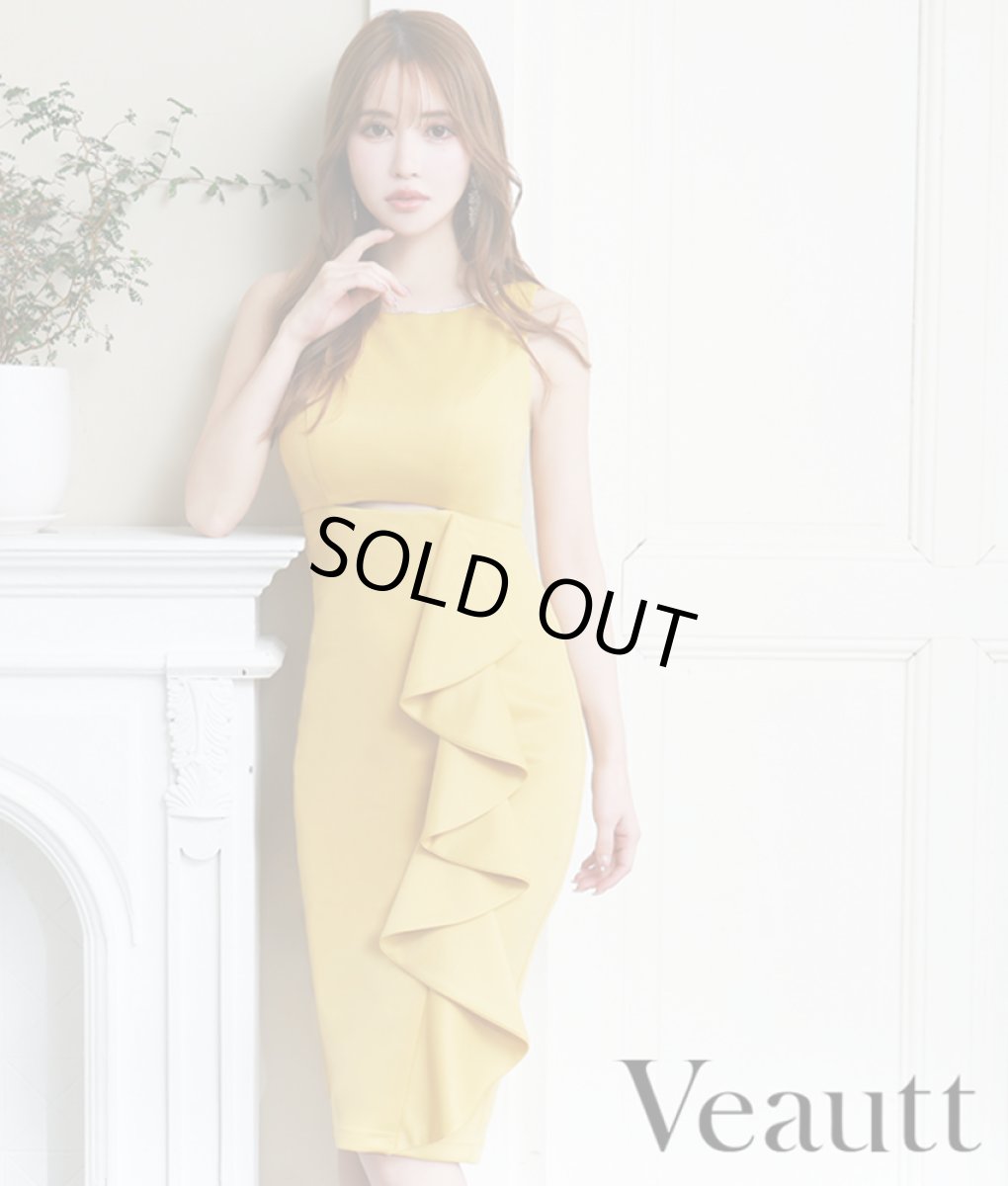 画像1: [Veautt]ノースリーブ・ネックビジュー・ビックフリル・サイドスリット・タイト・ミディアムドレス・ワンピース《送料＆代引き手数料無料》 (1)
