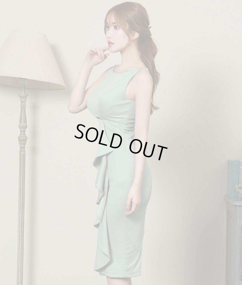 画像2: [Veautt]ノースリーブ・ネックビジュー・ビックフリル・サイドスリット・タイト・ミディアムドレス・ワンピース《送料＆代引き手数料無料》 (2)