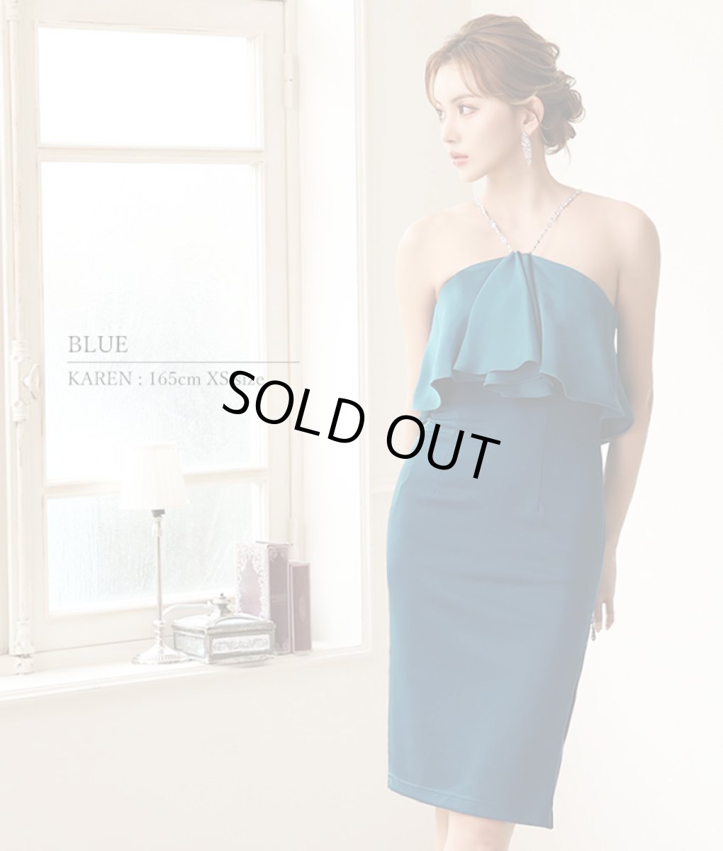 画像2: [Veautt]ノースリーブ・ホルターネック・胸元フリル・ショルダーチェーン・タイト・ミディアムドレス・ワンピース[送料無料] (2)