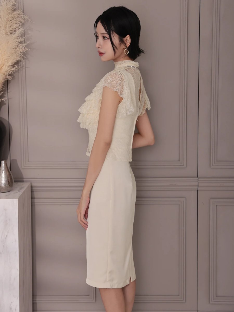 画像4: [Veautt]フロントレース・フリル・ビジュー・ハイネック・タイト・ミディアムドレス《送料＆代引き手数料無料》 (4)