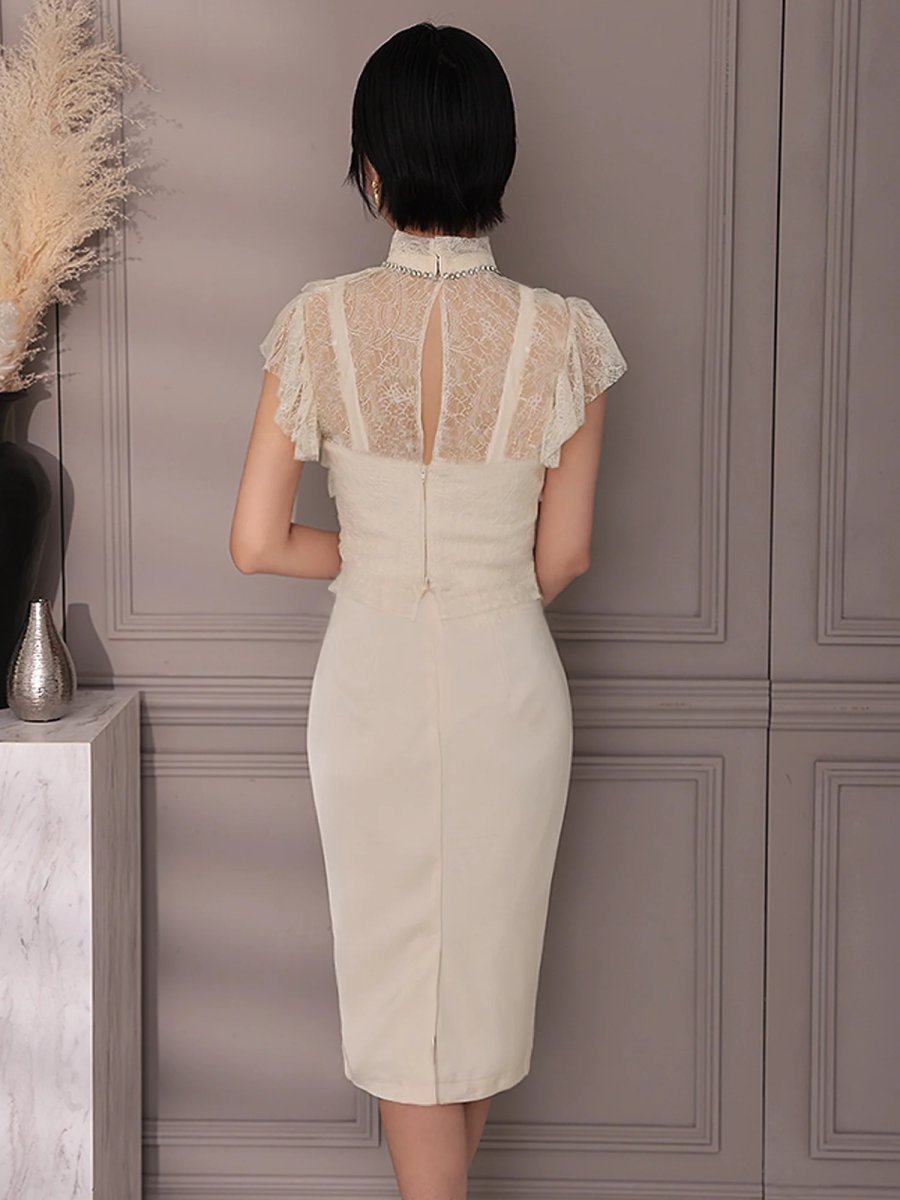 画像5: [Veautt]フロントレース・フリル・ビジュー・ハイネック・タイト・ミディアムドレス《送料＆代引き手数料無料》 (5)