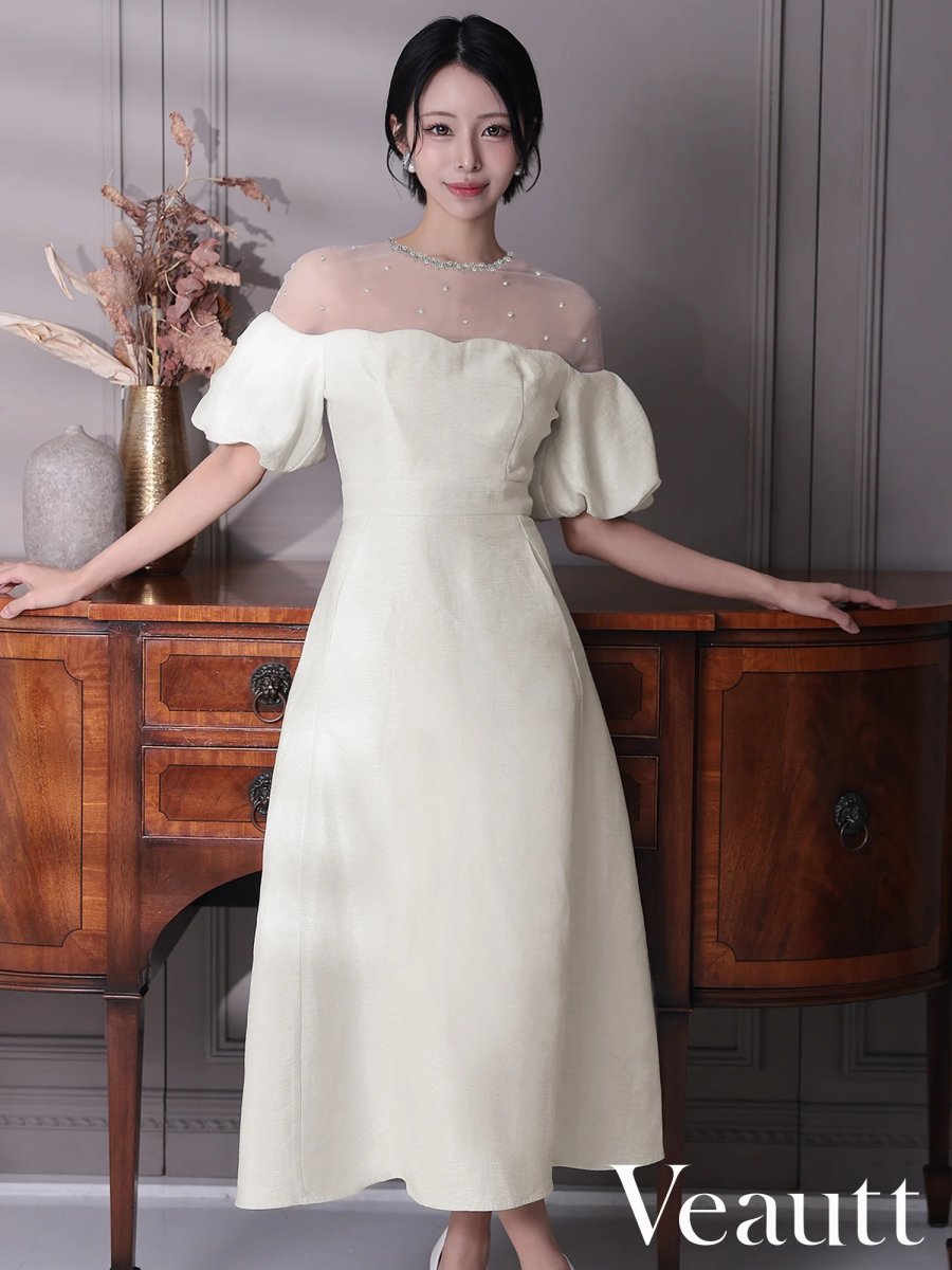 画像2: [Veautt]パフスリーブ・レース・ビジュー・Aライン・フレアロングドレス《送料＆代引き手数料無料》 (2)