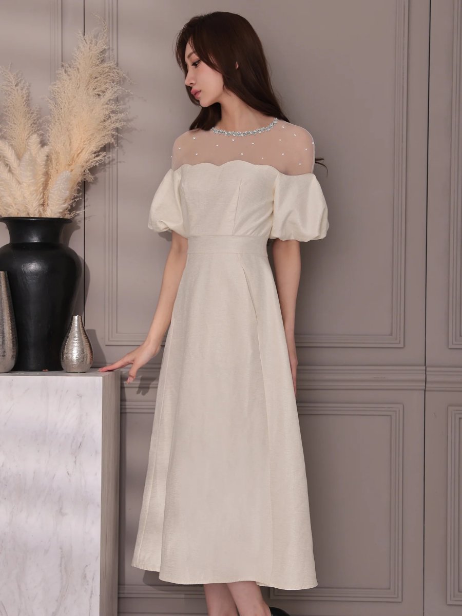 画像4: [Veautt]パフスリーブ・レース・ビジュー・Aライン・フレアロングドレス《送料＆代引き手数料無料》 (4)