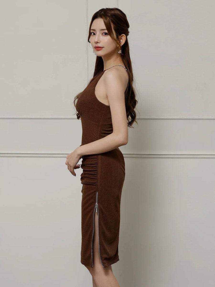 画像6: [Veautt]ホルターネック・フロントシアーデザイン・ビジューチェーン・タイトミディアムドレス《送料＆代引き手数料無料》 (6)