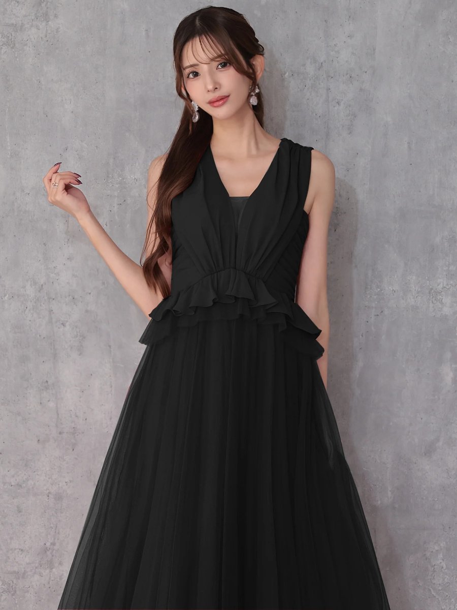 画像2: [Veautt]ペプラム・チュールスカート・ロングフレア・Aライン・ノースリーブ・ミディアムドレス・ワンピース《送料＆代引き手数料無料》 (2)