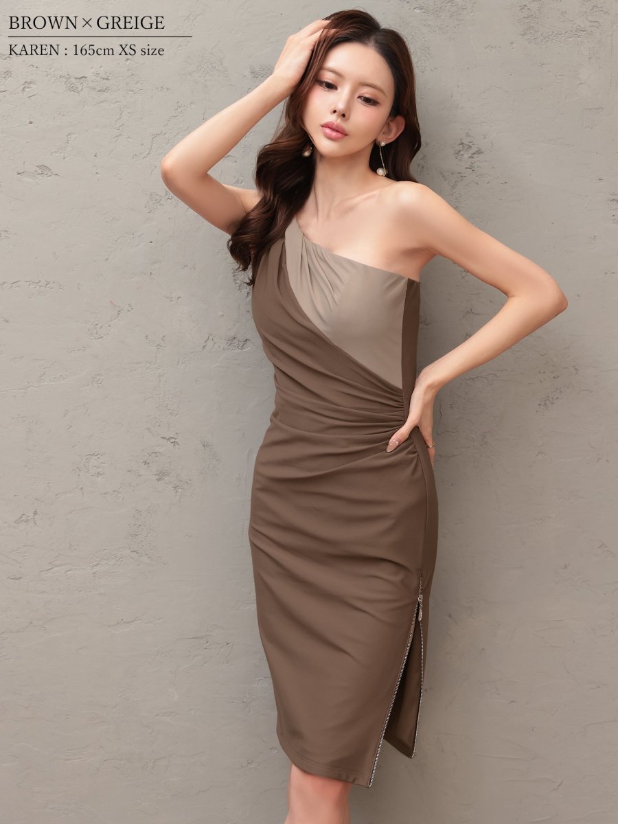 画像9: [ XS-Mサイズ / 4カラー ][Veautt]ワンショルダー・ウエストタック・アシンメトリー・バイカラー・ミディアムドレス《送料＆代引き手数料無料》 (9)