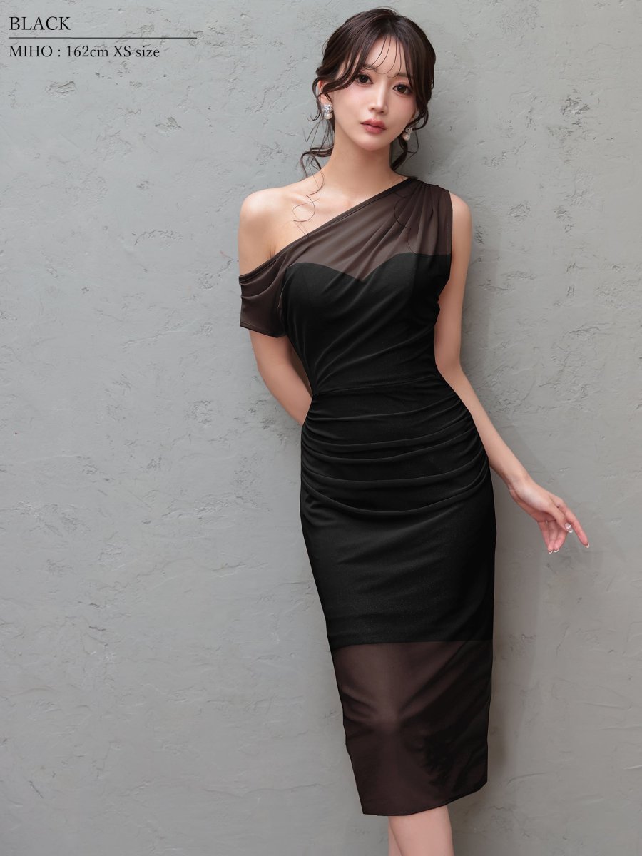 画像8: [ XS-Mサイズ / 4カラー ][Veautt]ワンショルダー・シアー・メッシュ・スリット・タイト・ミディアムドレス《送料＆代引き手数料無料》 (8)