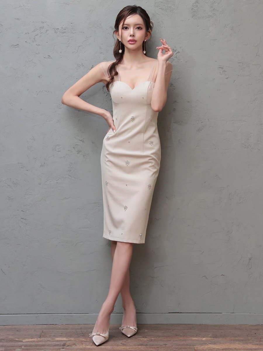 画像2: [Veautt]シアーショルダー・ビジュー・タイト・ミディアムドレス《送料＆代引き手数料無料》 (2)