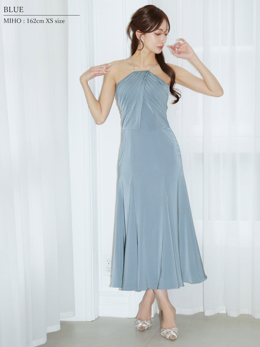 画像5: [ XS-Mサイズ / 4カラー ][Veautt]ホルターネック・ビジューチェーン・ドレープフレア・ミディアムドレス《送料＆代引き手数料無料》 (5)