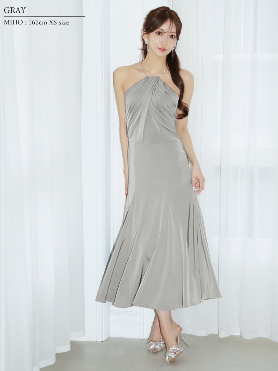 画像8: [ XS-Mサイズ / 4カラー ][Veautt]ホルターネック・ビジューチェーン・ドレープフレア・ミディアムドレス《送料＆代引き手数料無料》 (8)