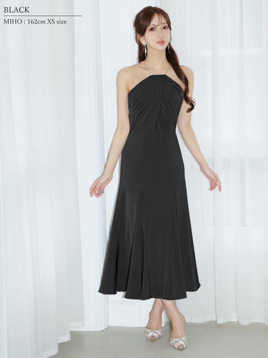 画像10: [ XS-Mサイズ / 4カラー ][Veautt]ホルターネック・ビジューチェーン・ドレープフレア・ミディアムドレス《送料＆代引き手数料無料》 (10)