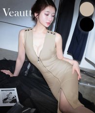 画像1: [Veautt]バンテージドレス・フロントファスナー・ベージュ・ブラック・ボタン・ストレッチ・タイト・ミディアムドレス《送料＆代引き手数料無料》 (1)