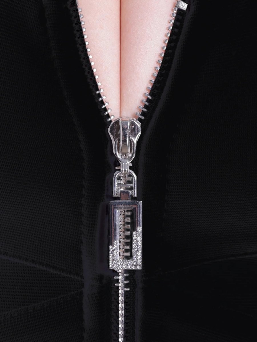 画像10: [Veautt]バンテージドレス・フロントファスナー・ベージュ・ブラック・ボタン・ストレッチ・タイト・ミディアムドレス《送料＆代引き手数料無料》 (10)