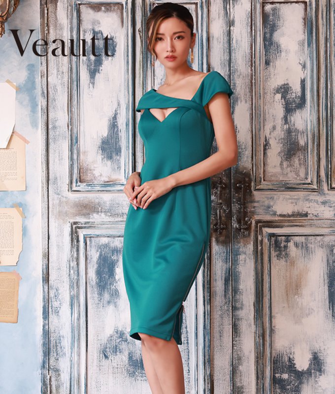 一日以内に発送可能 Veauttヴュートデコルテクロスデザインチミディアムドレス オフショルダーグリーン系ミディアムドレス/れお - カラードレス