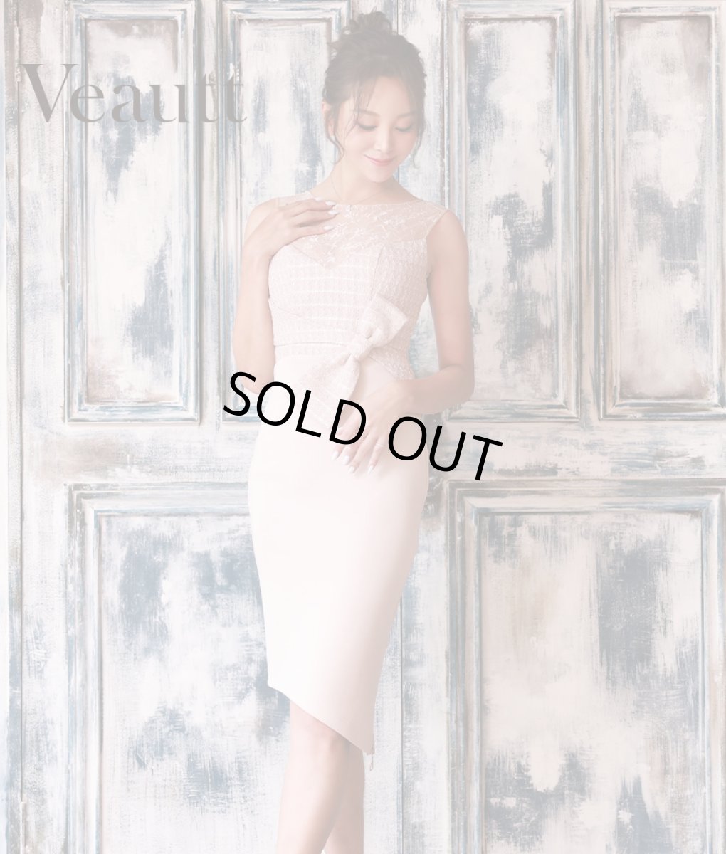 画像1: [Veautt]ノースリーブ・レース・ツイード・ピンクベージュ・ハイウエスト・リボン・ストレッチ・タイト・ミニドレス・ワンピース[山崎みどり着用]《送料＆代引き手数料無料》 (1)