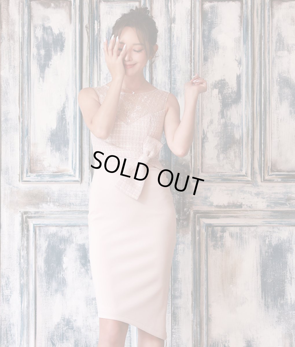 画像4: [Veautt]ノースリーブ・レース・ツイード・ピンクベージュ・ハイウエスト・リボン・ストレッチ・タイト・ミニドレス・ワンピース[山崎みどり着用]《送料＆代引き手数料無料》 (4)